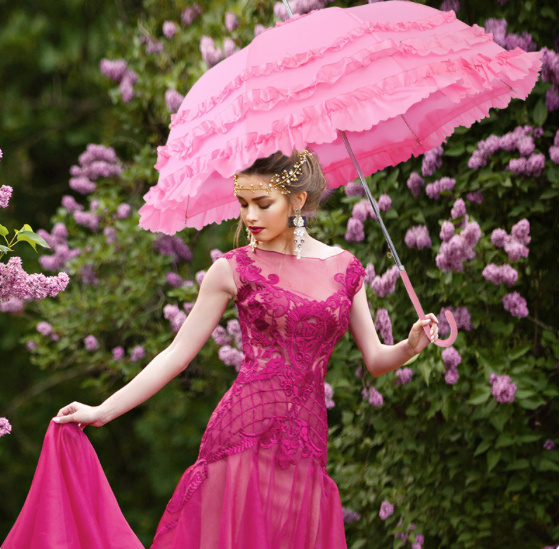 Braut Schirm Regenschirm in Rosa mit Rüschen