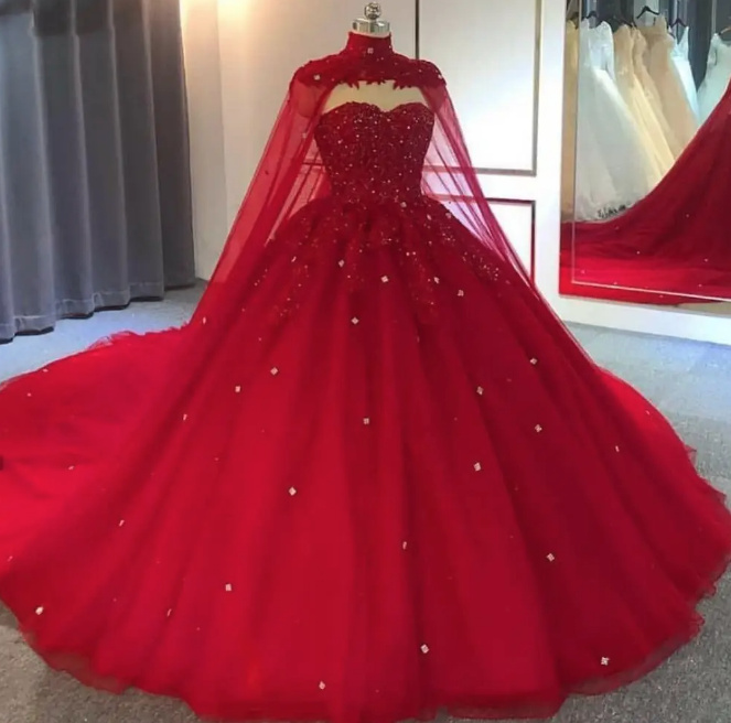 Ball Linie Brautkleid Hochzeitskleid in Rot mit Cap und Kristall Perlen Spitze