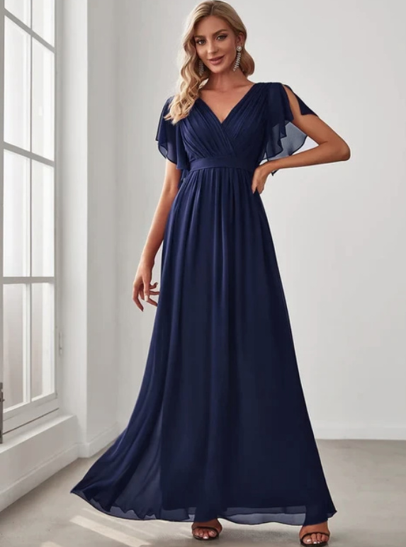 A Linie Chiffon Kleid Elegant für Hochzeitsgäste Maureen in Dunkelblau Lang