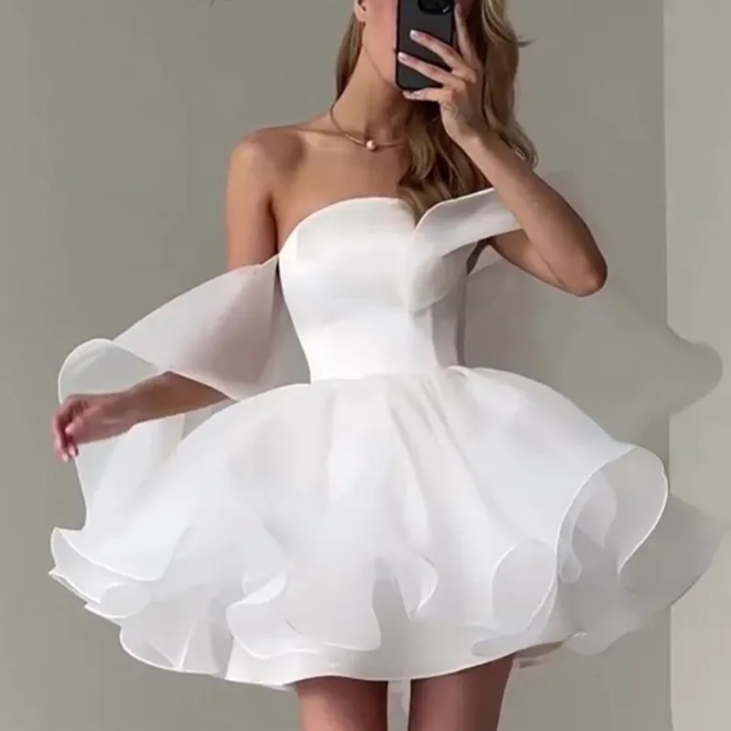 Schulterfreies Süßes Chiffon Brautkleid Hochzeitskleid Kurz