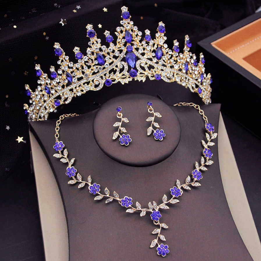 Brautmode 2024, Brautschmuck Set in Gold Blau Tiara mit Ohrringe und  Halskette im Set