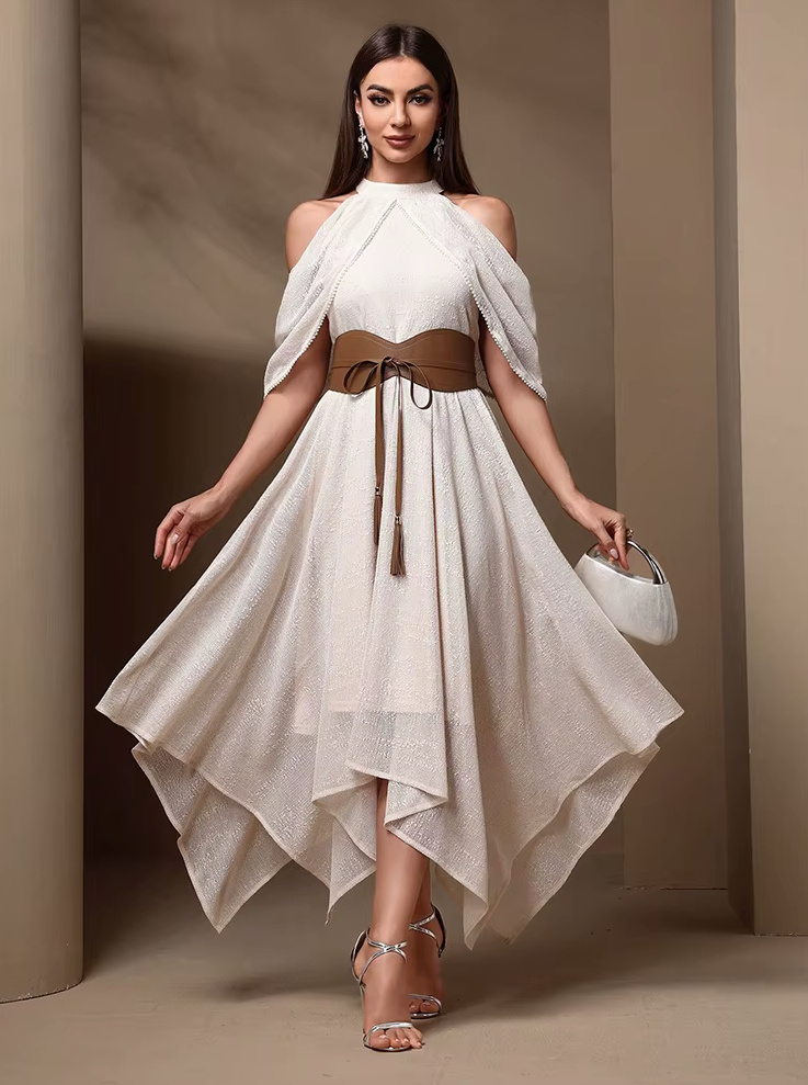 A Linie Sommerr Kleid Elegant für Hochzeitsgäste mit Cut Out Schulter Asymmetrisch