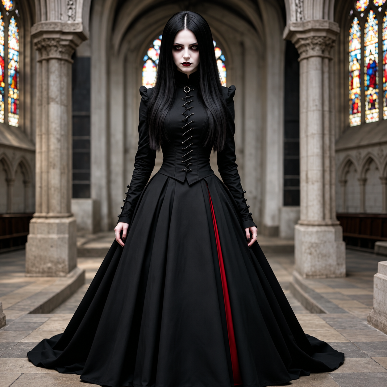 Schwarzes Gothic Satin Kleid mit Korsett, Spitze & langen Ärmeln Wadenlang