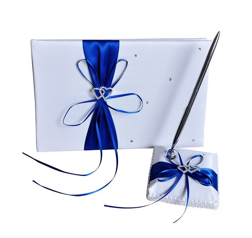 Strass Satin Gästebuch mit Stift in Weiß Blau