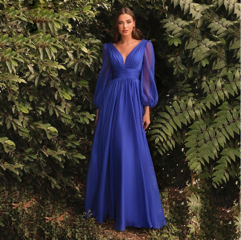 Langarm Chiffon Kleid Elegant für Hochzeitsgäste in Blau Lang mit V Ausschnitt