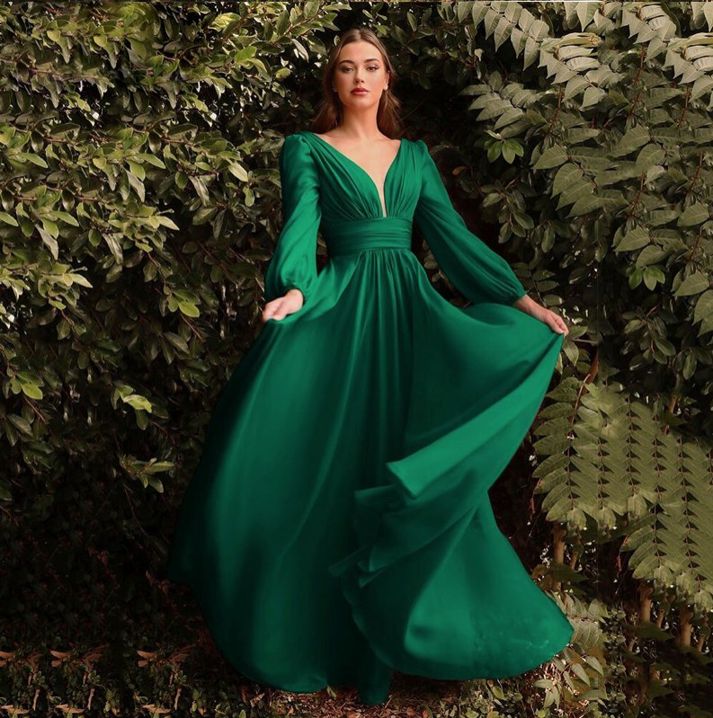 Langarm Chiffon Kleid Elegant für Hochzeitsgäste in Grün Lang mit V Ausschnitt