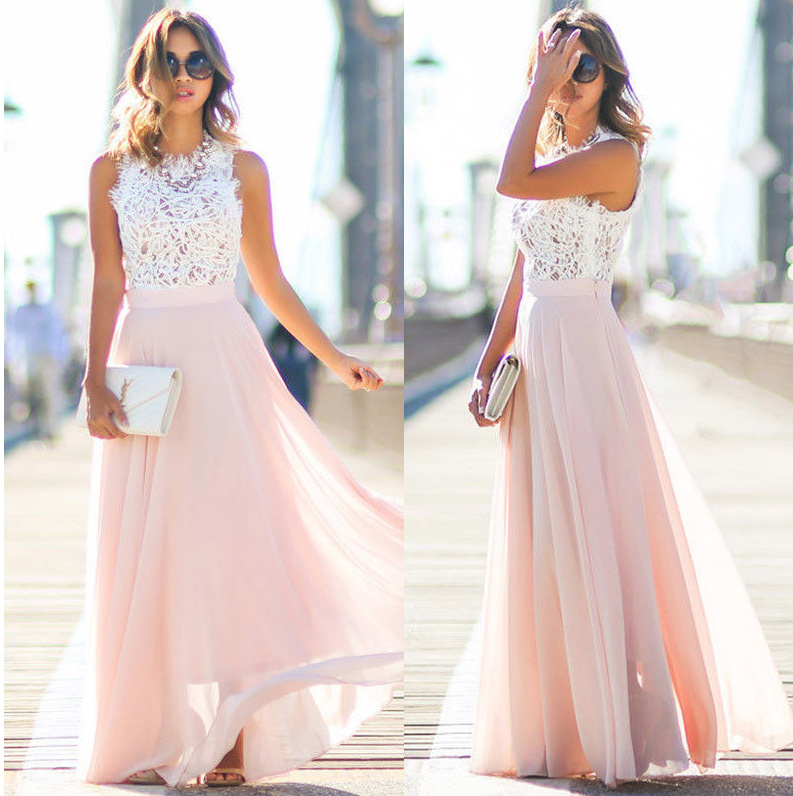 A Linie Chiffon Kleid Elegant für Hochzeitsgäste in Weiß Rosa mit Spitze