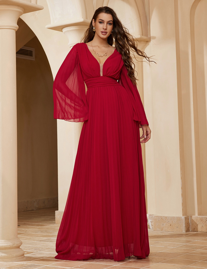 Langarm Maxi Plissee Kleid Elegant für Hochzeitsgäste in Rot Lang