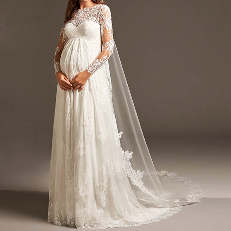 Langarm Empire Brautkleid für Schwangere mit Spitze Bodenlang