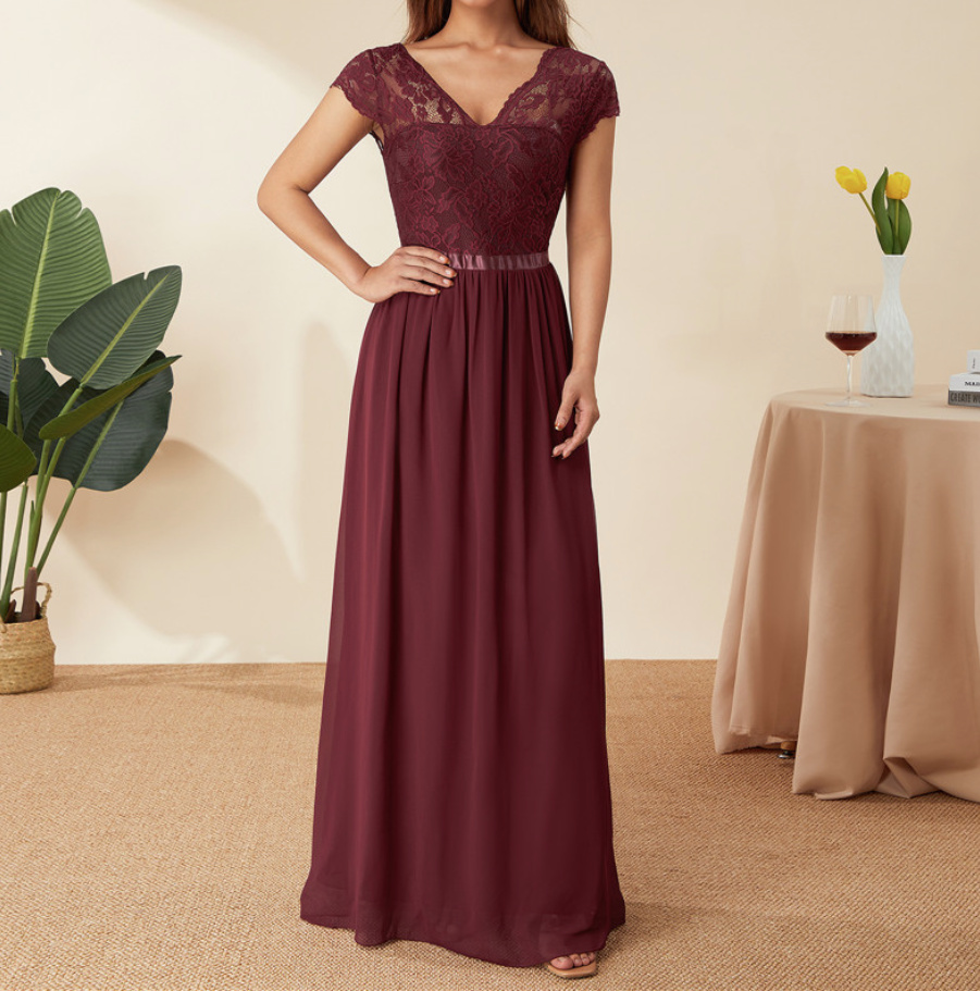 A-Linie Empire Kleid Elegant für Hochzeitsgäste in Weinrot Dunkelrot