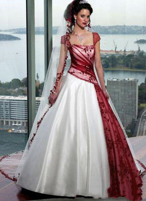 Kurzarm Brautkleid Fatima mit Schärpe in Weiß Rot Bodenlang