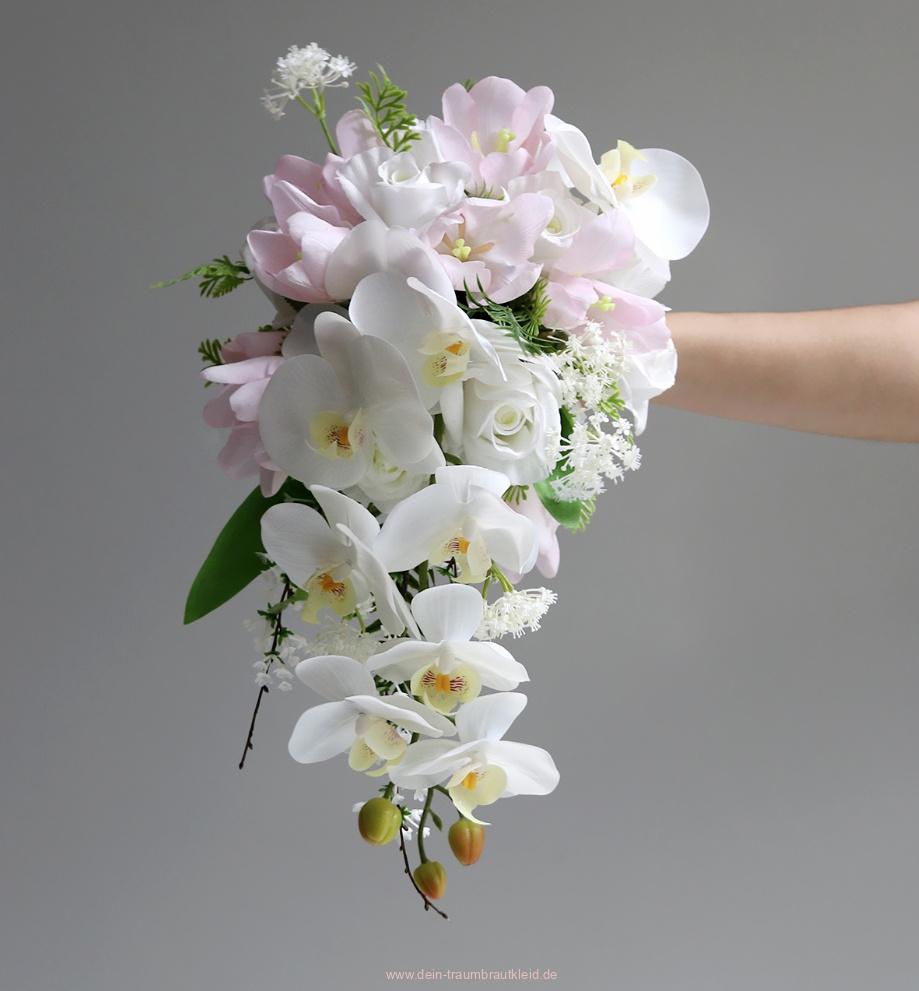 Wasserfall Brautstrauß Heilke mit Orchideen Weiß Rosa