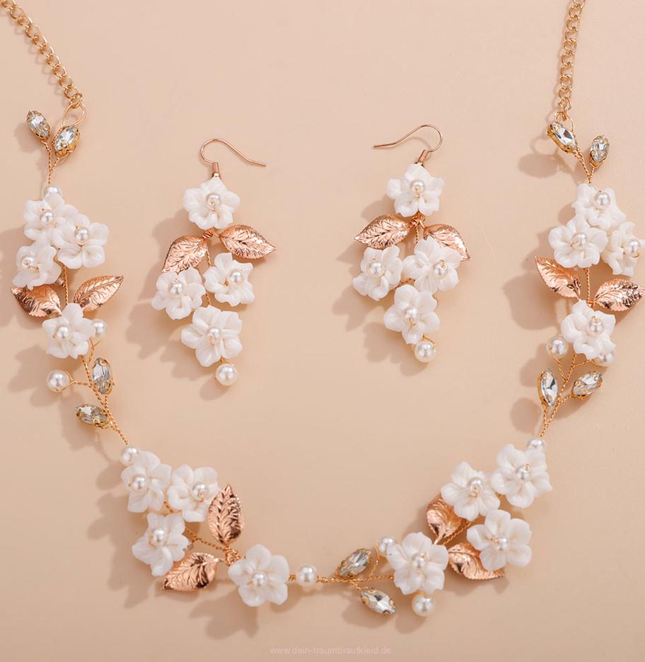 Brautschmuck Set Hanka Halskette mit Ohrringe Rosegold mit Porzellan Blumen