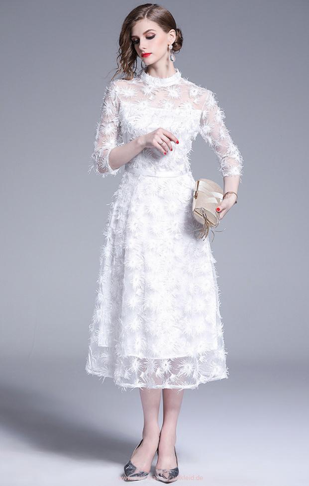 Elegantes Mesh Standesamtkleid für die Braut Wadenlang mit Blumen Applikationen