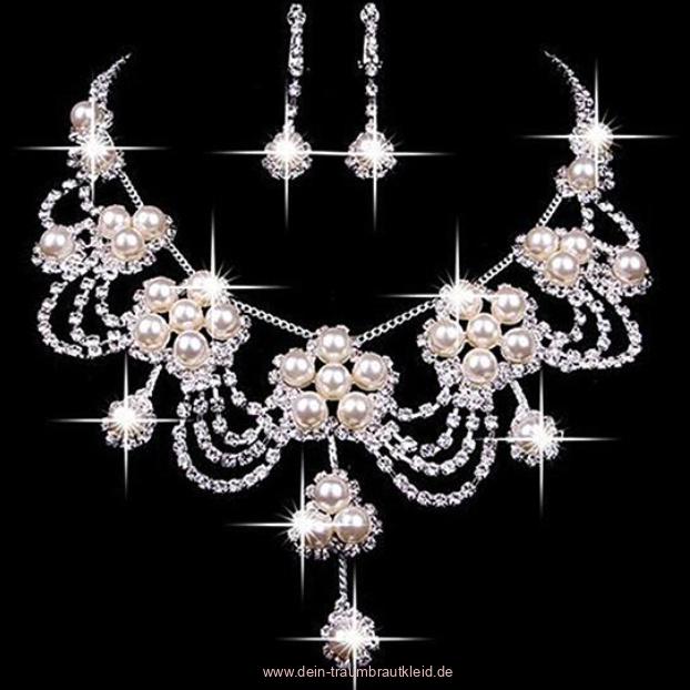 Vintage Perlen Brautschmuck Set Jeanette Halskette mit Ohrringe im Set