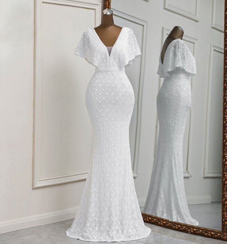 Elegantes Fit and Flare Standesamt Kleid für die Braut mit Flügelärmel