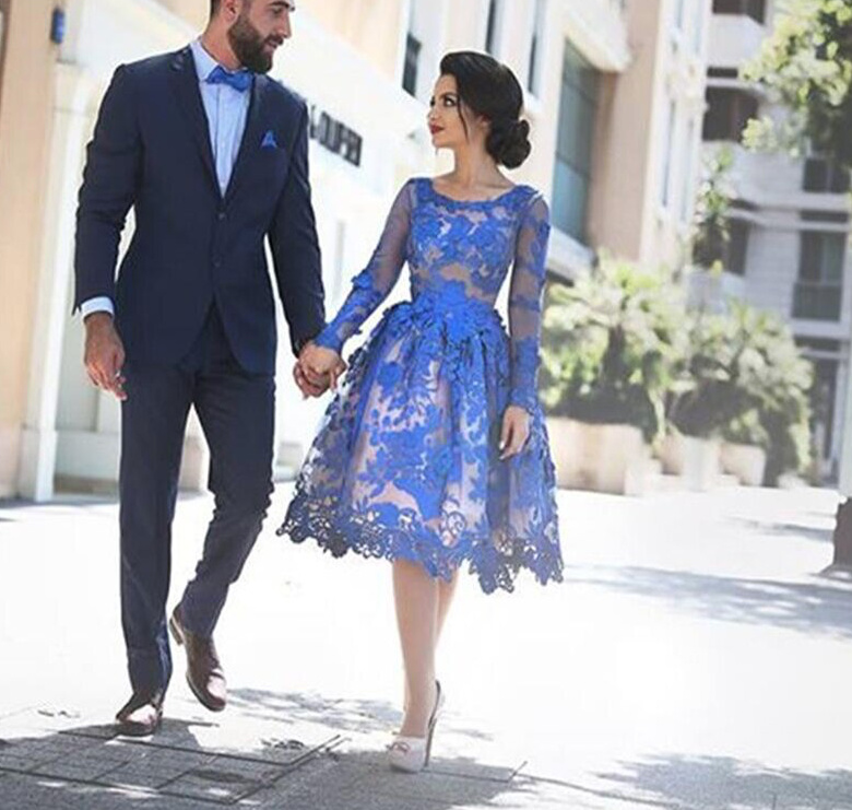 A Linie Kleid Elegant für Hochzeitsgäste in Royalblau mit Spitze Knielang