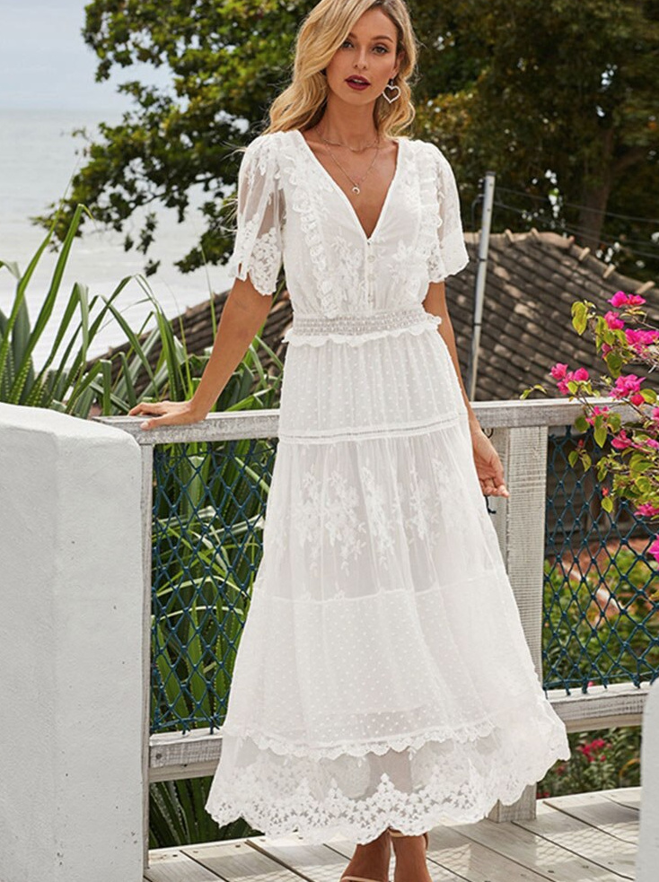 Boho Style Standesamtkleid für die Braut Lang mit V Ausschnitt