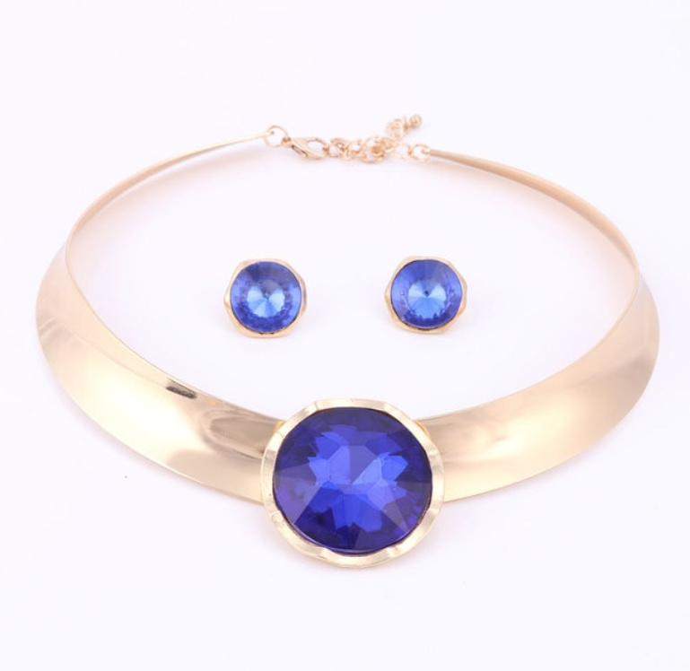 Trendy Brautschmuck Set Halskette mit Ohrringe Gold Blau