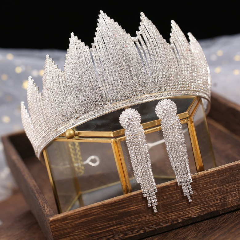 Luxus Brautschmuck Set in Silber Braut Tiara Krone mit Ohrringe
