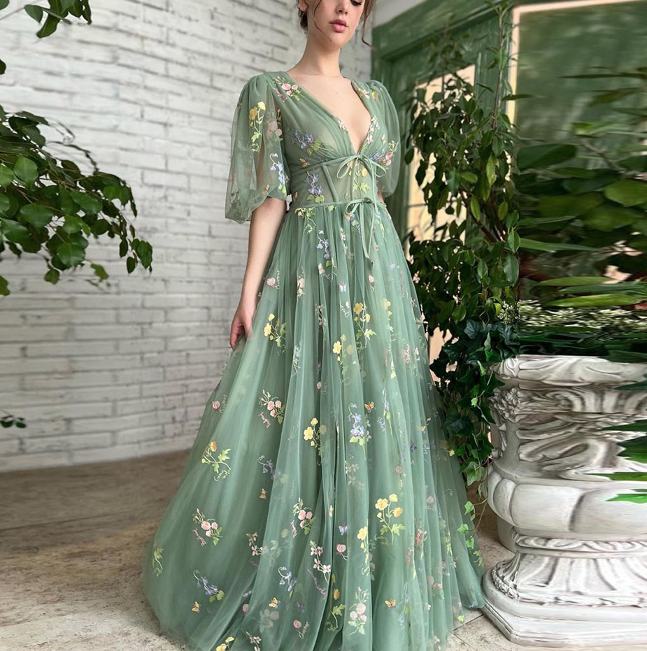 A-Linie Maxi Kleid für Hochzeitsgäste Elegant in Grün mit Blumen
