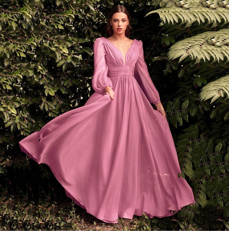 Langarm Chiffon Kleid Elegant für Hochzeitsgäste in Lachs Lang mit V Ausschnitt