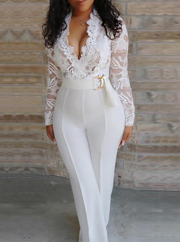 Langarm Overall Einteiler in Weiß für die Braut mit Sexy V Ausschnitt und Spitze