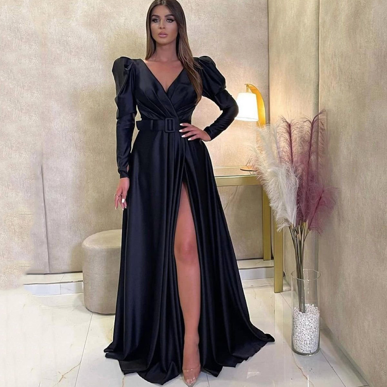 A Linie Cut Out Langarm Kleid Elegant für Hochzeitsgäste in Schwarz 