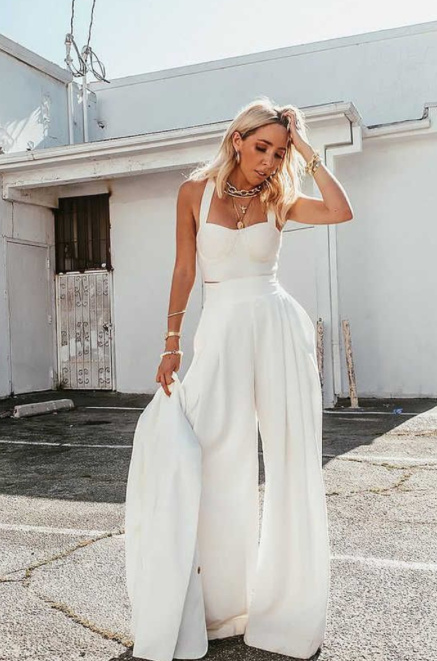 Braut Outfit Zweiteiler für den Standesamt Lang in Weiß Hose mit Shirt