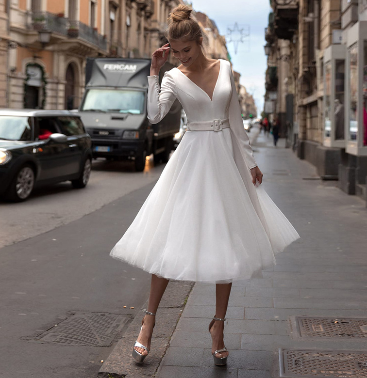 A Linie Langarm Brautkleid Hauke Wadenlang mit Gürtel