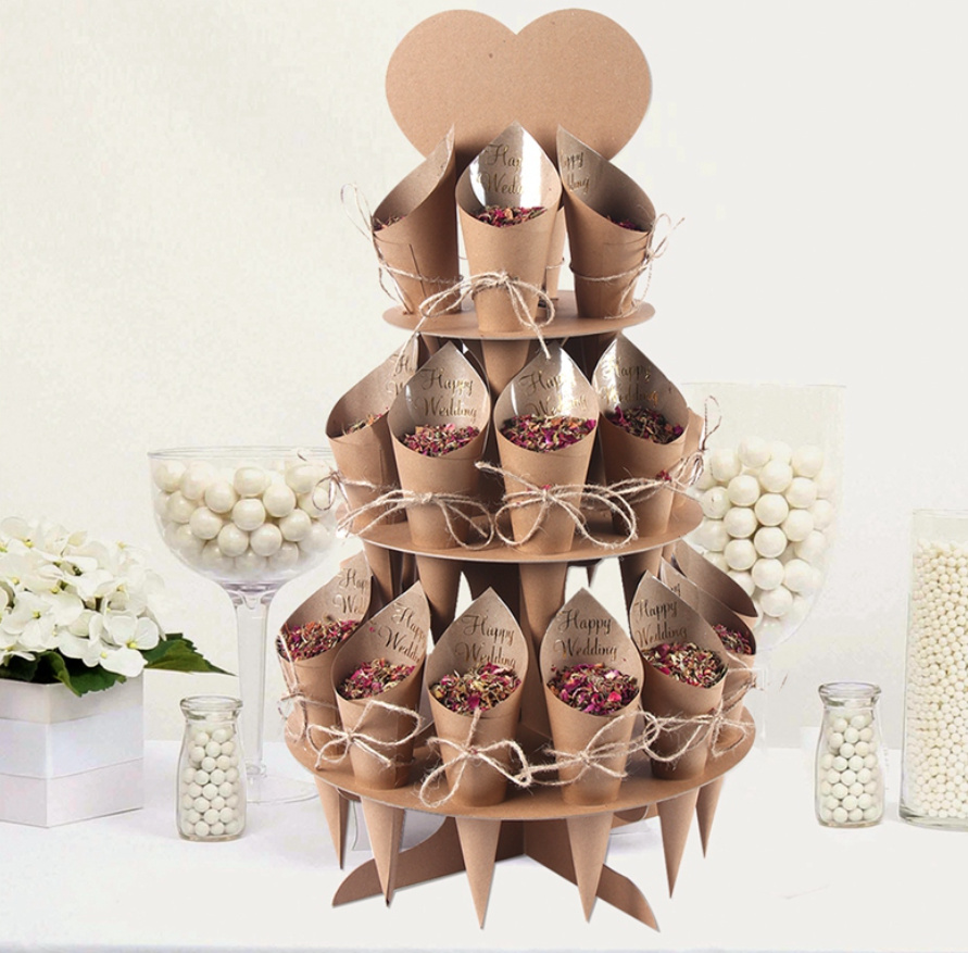 Kraftpapier Konfetti Blüten Tüten mit Ständer Hochzeitsdekoration Braun