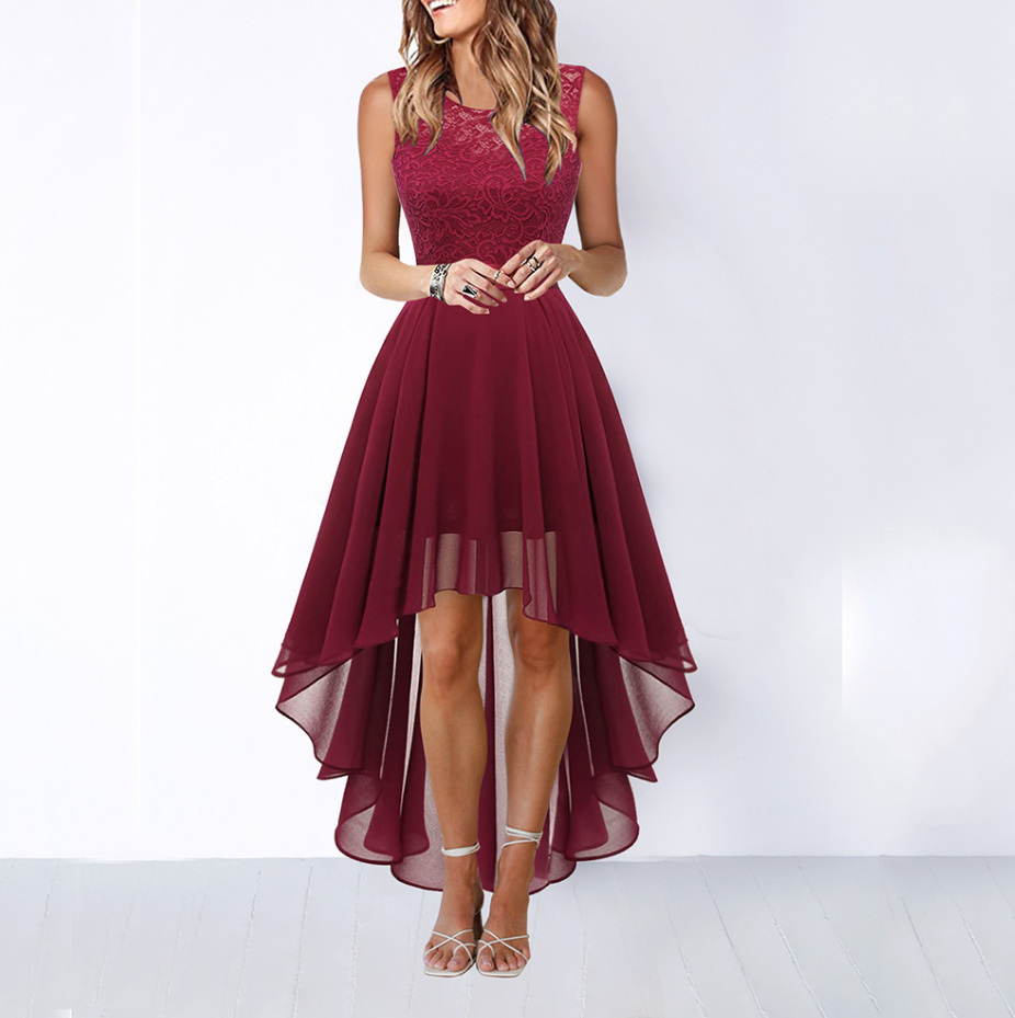 A Linie Vokuhila Kleid Elegant für Hochzeitsgäste mit Spitze in Weinrot