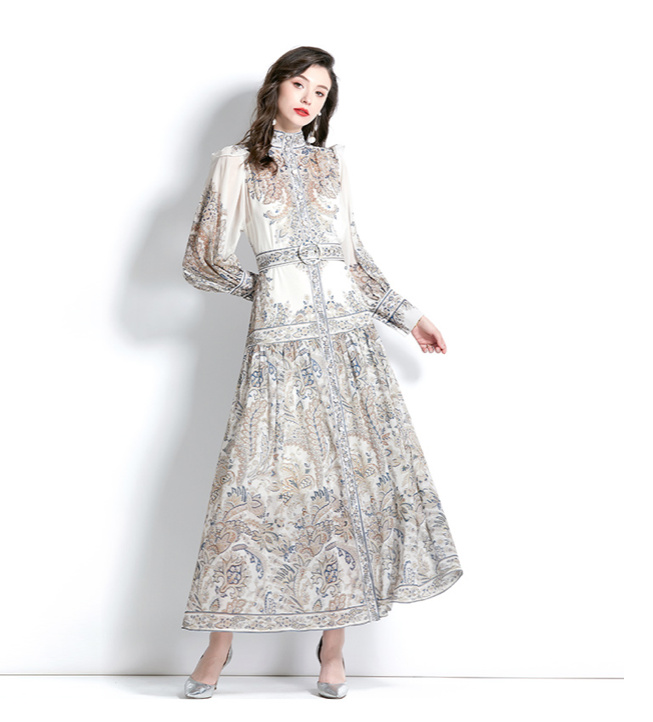 A-Linie Langarm Chiffon Kleid für Hochzeitsgäste Elegant in Beige mit Muster