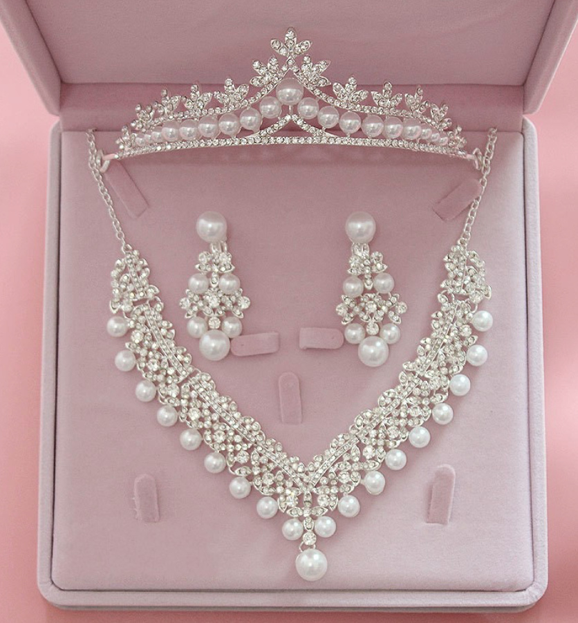 Perlen Brautschmuck Set Jeanine Tiara Halskette und Ohrringe