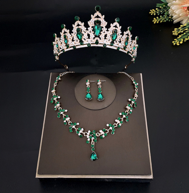 Kristall Brautschmuck Set Jill Tiara Halskette und Ohrringe Grün