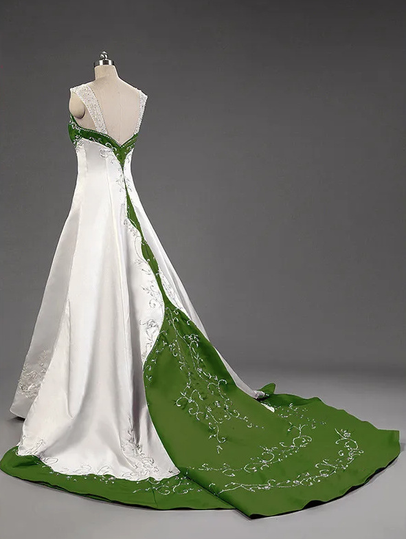 Vintage Style Brautkleid Hochzeitskleid mit Schleppe und Stickereien Weiß Grün