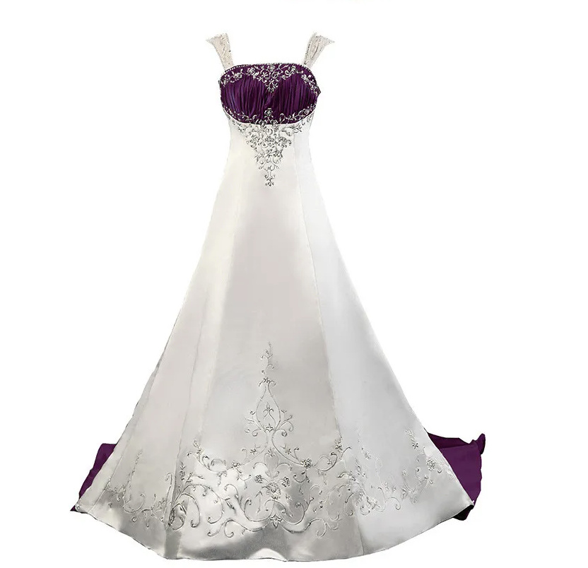 Vintage Style Brautkleid Hochzeitskleid mit Schleppe und Stickereien Weiß Lila