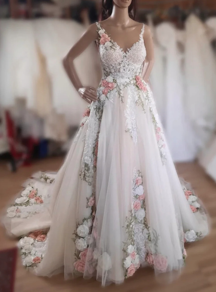 Wunderschönes Brautkleid A-Linie mit Bunte 3D Blumen und Schleppe