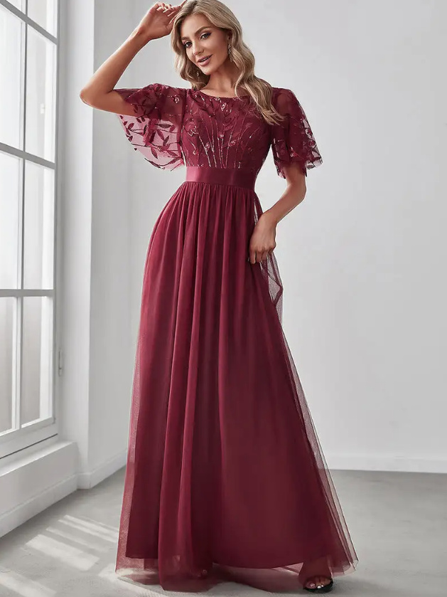 Elegantes Abendkleid mit Pailletten für Hochzeitsgäste Lang in Weinrot