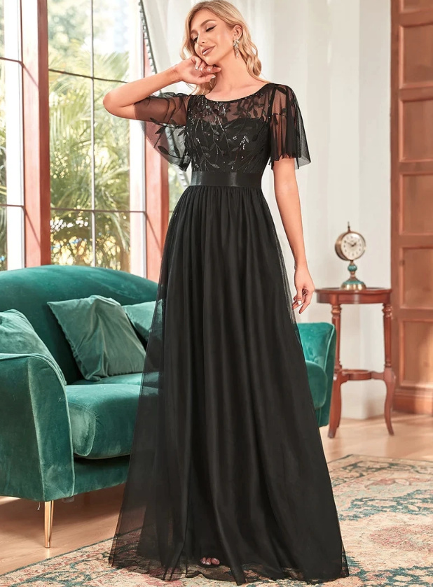 Elegantes Abendkleid mit Pailletten für Hochzeitsgäste Lang in Schwarz