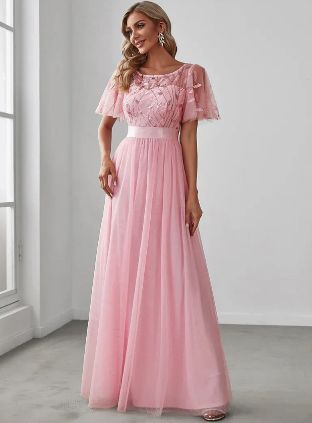 Elegantes Abendkleid mit Pailletten für Hochzeitsgäste Lang in Rosa
