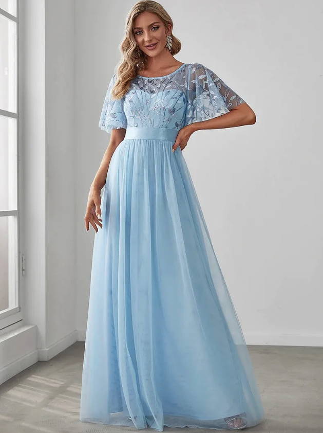 Elegantes Abendkleid mit Pailletten für Hochzeitsgäste Lang in Hellblau