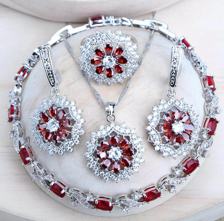 Rot Zikronia Brautschmuck Set Lavina Silber Armband Halskette Ohrringe Ring