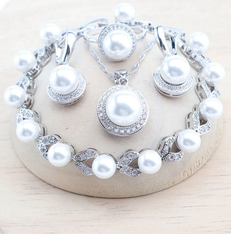 Süsswasserperlen Brautschmuck Set Linette 925 Silber Weiß Armband Halskette Ohrringe Ring