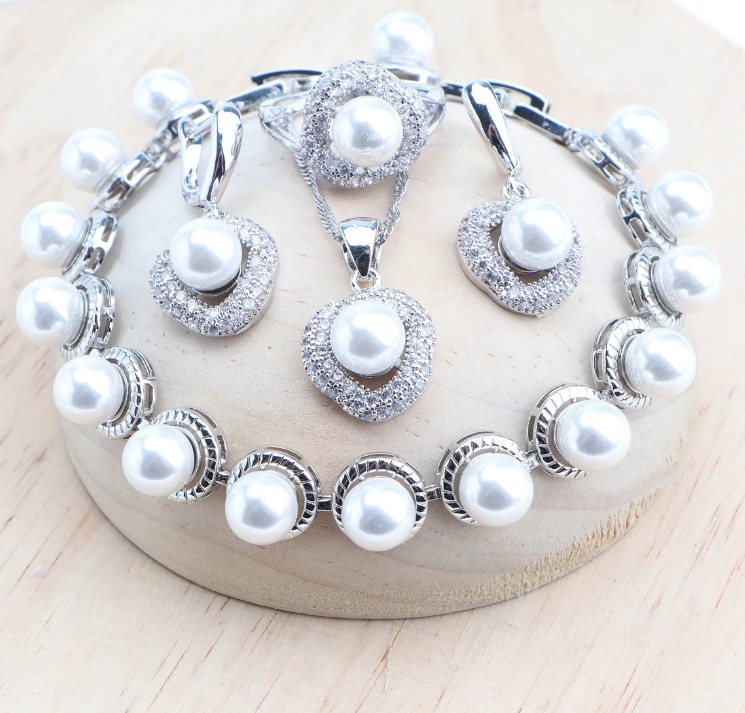 Süsswasserperlen Brautschmuck Set Lieselotte 925 Silber Weiß Armband Halskette Ohrringe Ring