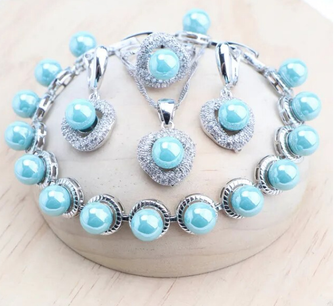 Süsswasserperlen Brautschmuck Set Lieselotte 925 Silber Blau Armband Halskette Ohrringe Ring