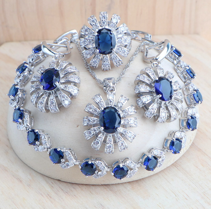 Blau Zikronia Brautschmuck Set Lotte 925 Silber Armband Halskette Ohrringe Ring