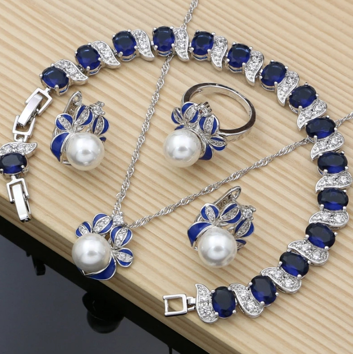Blau Zikronia Brautschmuck Set Liliane 925 Silber Armband Halskette Ohrringe Ring