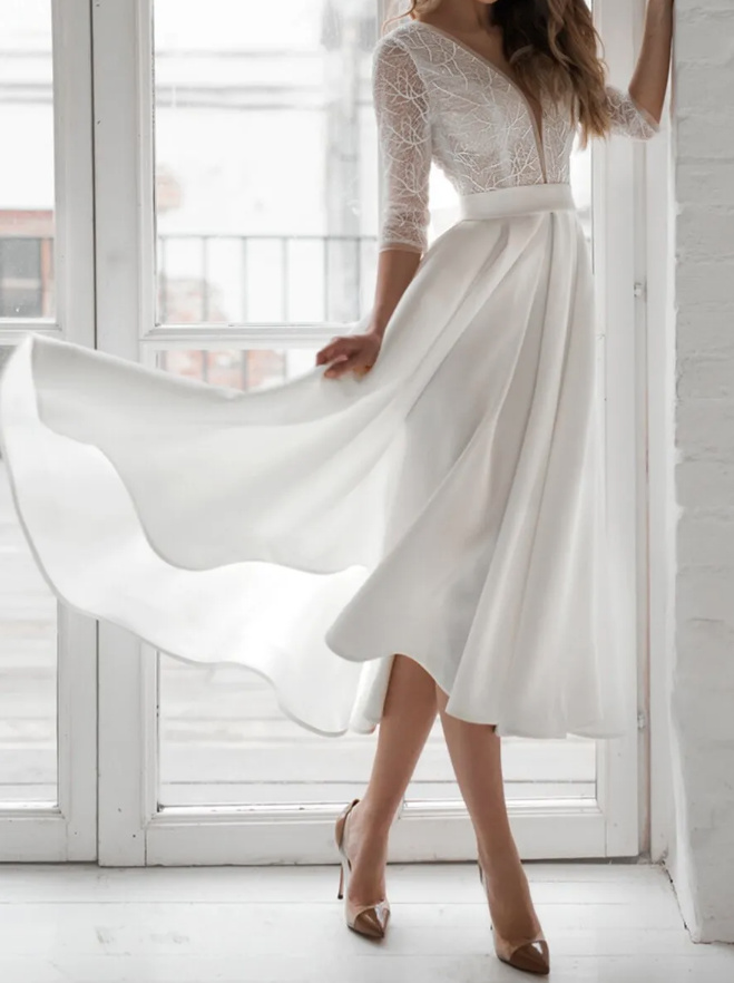 A Linie Chiffon Standesamtkleid Wadenlang mit Dreiviertelärmel