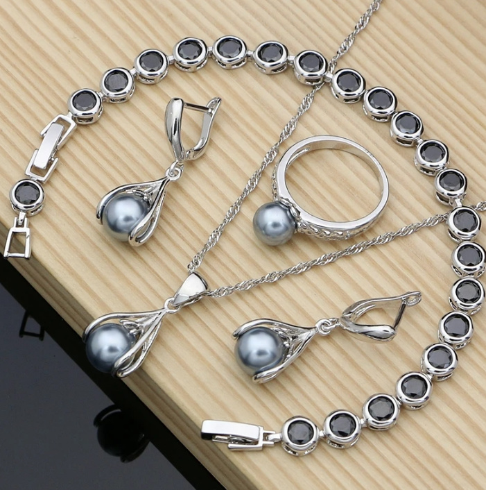 Perlen Brautschmuck Set Letitia 925 Silber Grau Armband Halskette Ohrringe Ring